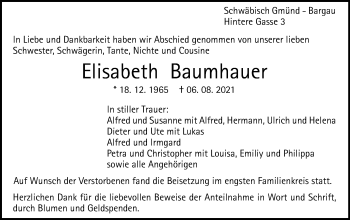 Traueranzeige von Elisabeth Baumhauer von Gmünder Tagespost