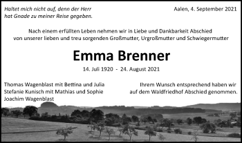 Traueranzeige von Emma Brenner von Schwäbische Post