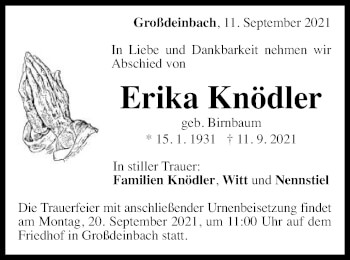 Traueranzeige von Erika Knödler von Gmünder Tagespost