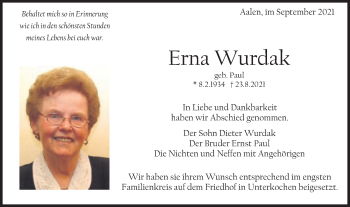 Traueranzeige von Erna Wurdak von Schwäbische Post