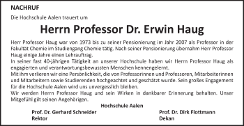 Traueranzeige von Erwin Haug von Schwäbische Post