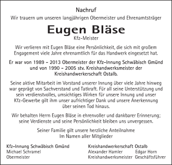 Traueranzeige von Eugen Bläse von Gmünder Tagespost
