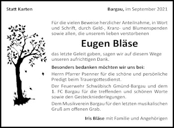 Traueranzeige von Eugen Bläse von Gmünder Tagespost