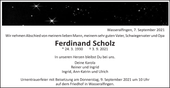 Traueranzeige von Ferdinand Scholz von Schwäbische Post