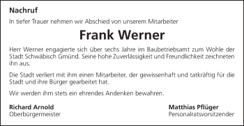 Traueranzeige von Frank Werner von Gmünder Tagespost