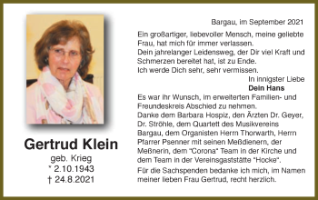 Traueranzeige von Gertrud Klein von Gmünder Tagespost