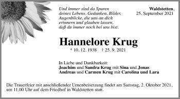 Traueranzeige von Hannelore Krug von Gmünder Tagespost