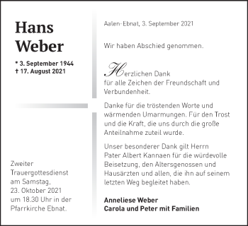 Traueranzeige von Hans Weber von Schwäbische Post