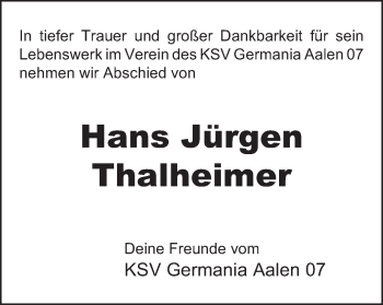 Traueranzeige von Hans Jürgen Thalheimer von Schwäbische Post