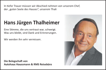 Traueranzeige von Hans Jürgen Thalheimer von Schwäbische Post
