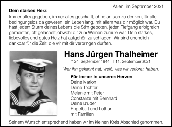 Traueranzeige von Hans Jürgen Thalheimer von Schwäbische Post