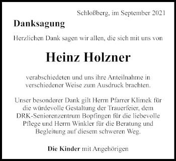 Traueranzeige von Heinz Holzner von Schwäbische Post