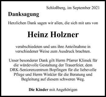 Traueranzeige von Heinz Holzner von Bopfinger Stadtanzeiger