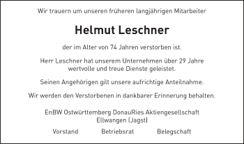 Traueranzeige von Helmut Leschner