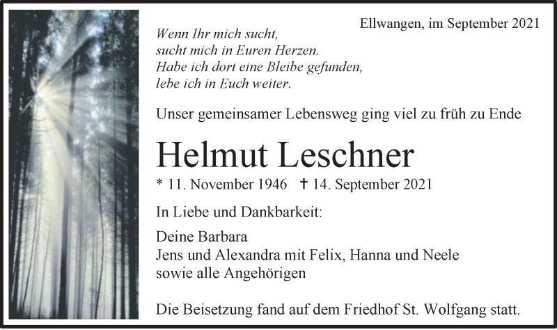  Traueranzeige für Helmut Leschner vom 23.09.2021 aus Schwäbische Post