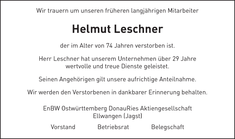  Traueranzeige für Helmut Leschner vom 25.09.2021 aus Schwäbische Post