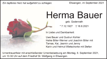 Traueranzeige von Herma Bauer von Schwäbische Post