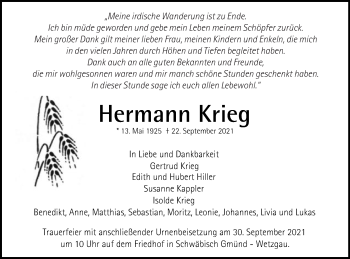Traueranzeige von Hermann Krieg von Gmünder Tagespost