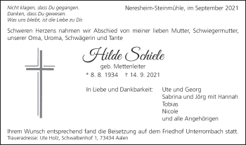 Traueranzeige von Hilde Schiele  von Schwäbische Post