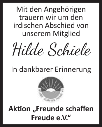 Traueranzeige von Hilde Schiele  von Schwäbische Post