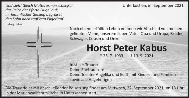  Traueranzeige für Horst Peter Kabus vom 21.09.2021 aus Schwäbische Post
