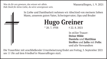 Traueranzeige von Hugo Greiner von Schwäbische Post