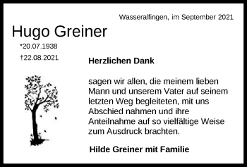 Traueranzeige von Hugo Greiner von Schwäbische Post