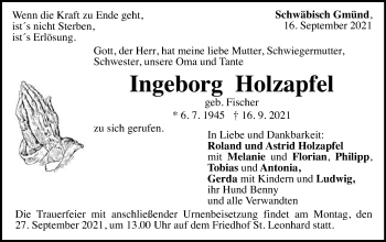 Traueranzeige von Ingeborg Holzapfel von Gmünder Tagespost