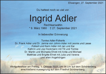 Traueranzeige von Ingrid Adler von Schwäbische Post