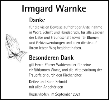 Traueranzeige von Irmgard Warnke von Gmünder Tagespost