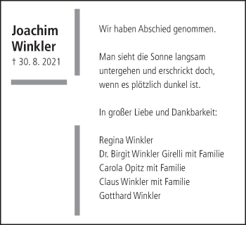 Traueranzeige von Joachim Winkler von Schwäbische Post