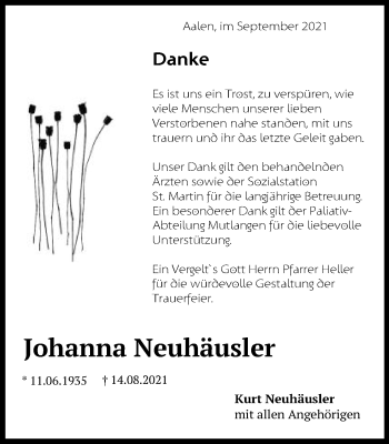Traueranzeige von Johanna Neuhäusler von Schwäbische Post