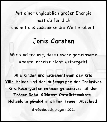 Traueranzeige von Joris Carsten von Gmünder Tagespost