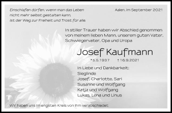 Traueranzeige von Josef Kaufmann von Schwäbische Post