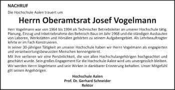 Traueranzeige von Josef Vogelmann von Schwäbische Post