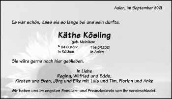 Traueranzeige von Käthe Kösling von Schwäbische Post