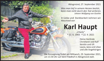 Traueranzeige von Karl Haupt von Schwäbische Post