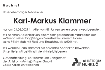 Traueranzeige von Karl-Markus Klammer von Schwäbische Post