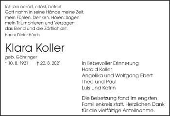 Traueranzeige von Klara Koller von Schwäbische Post