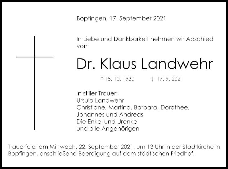  Traueranzeige für Klaus Landwehr vom 20.09.2021 aus Schwäbische Post