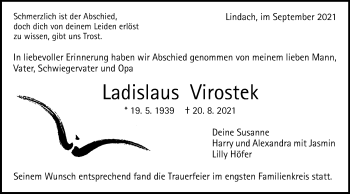 Traueranzeige von Ladislaus Virostek von Gmünder Tagespost