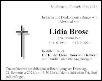 Traueranzeige von Lidia Brose von Schwäbische Post