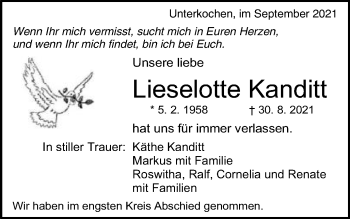 Traueranzeige von Lieselotte Kanditt von Schwäbische Post