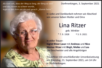 Traueranzeige von Lina Ritzer von Schwäbische Post