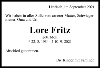 Traueranzeige von Lore Fritz von Gmünder Tagespost