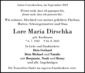 Traueranzeige von Lore Maria Dirschka von Schwäbische Post