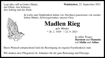 Traueranzeige von Madlen Rieg von Gmünder Tagespost