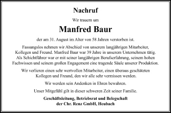 Traueranzeige von Manfred Baur von Gmünder Tagespost