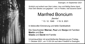 Traueranzeige von Manfred Boncium von Schwäbische Post