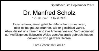 Traueranzeige von Manfred Scholz von Gmünder Tagespost